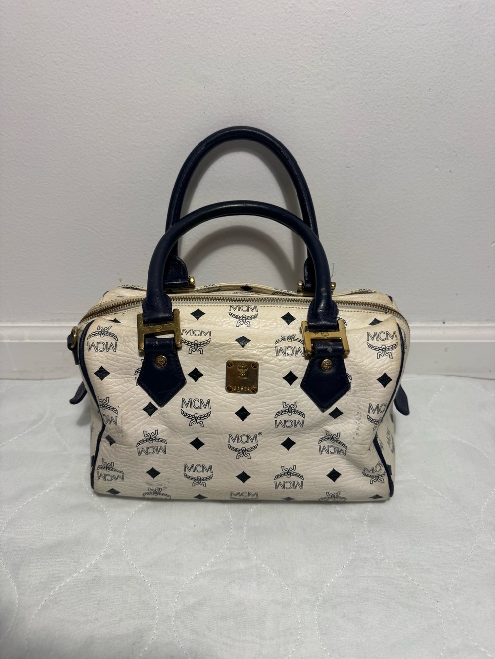 MCM White and Navy Visetos Mini Satchel with Gold Hardware